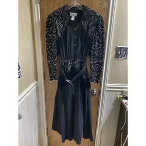 Vintage Lilia Smitty Western Dress Black Silver Fringe Size 11/12 Lace Rodeo